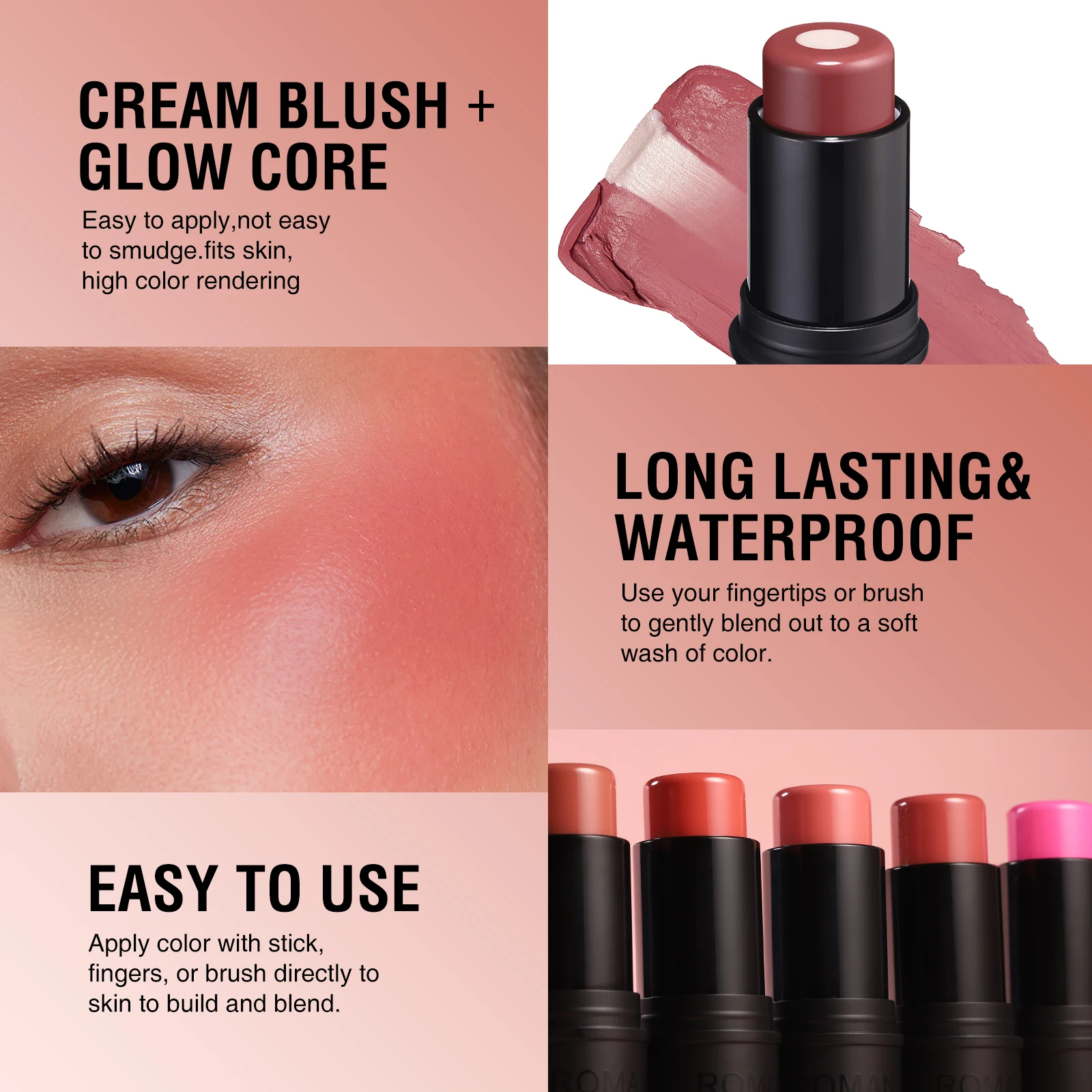 2in1 Solid Blush Stick Matte + Luminous Core Multifunctional Blush Orange Face Brightening Long Lasting Natural