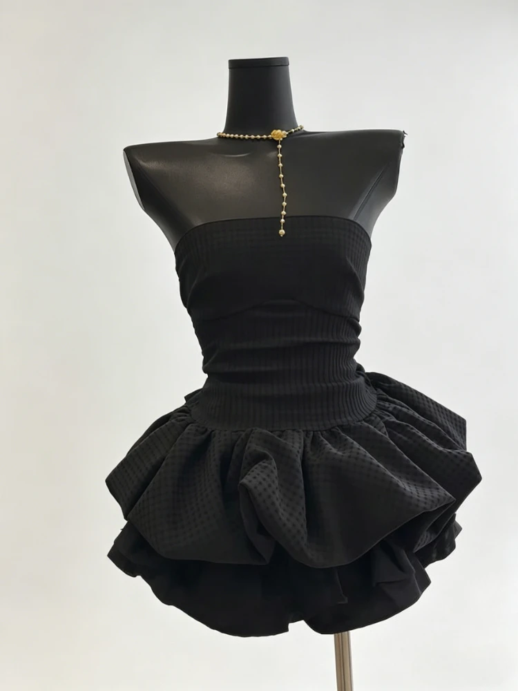 

French Sexy Elegant Black Dresses Women Vintage Strapless Slim Fashion Birthday Party Dress Harajuku Chic Korean Popular Clothes