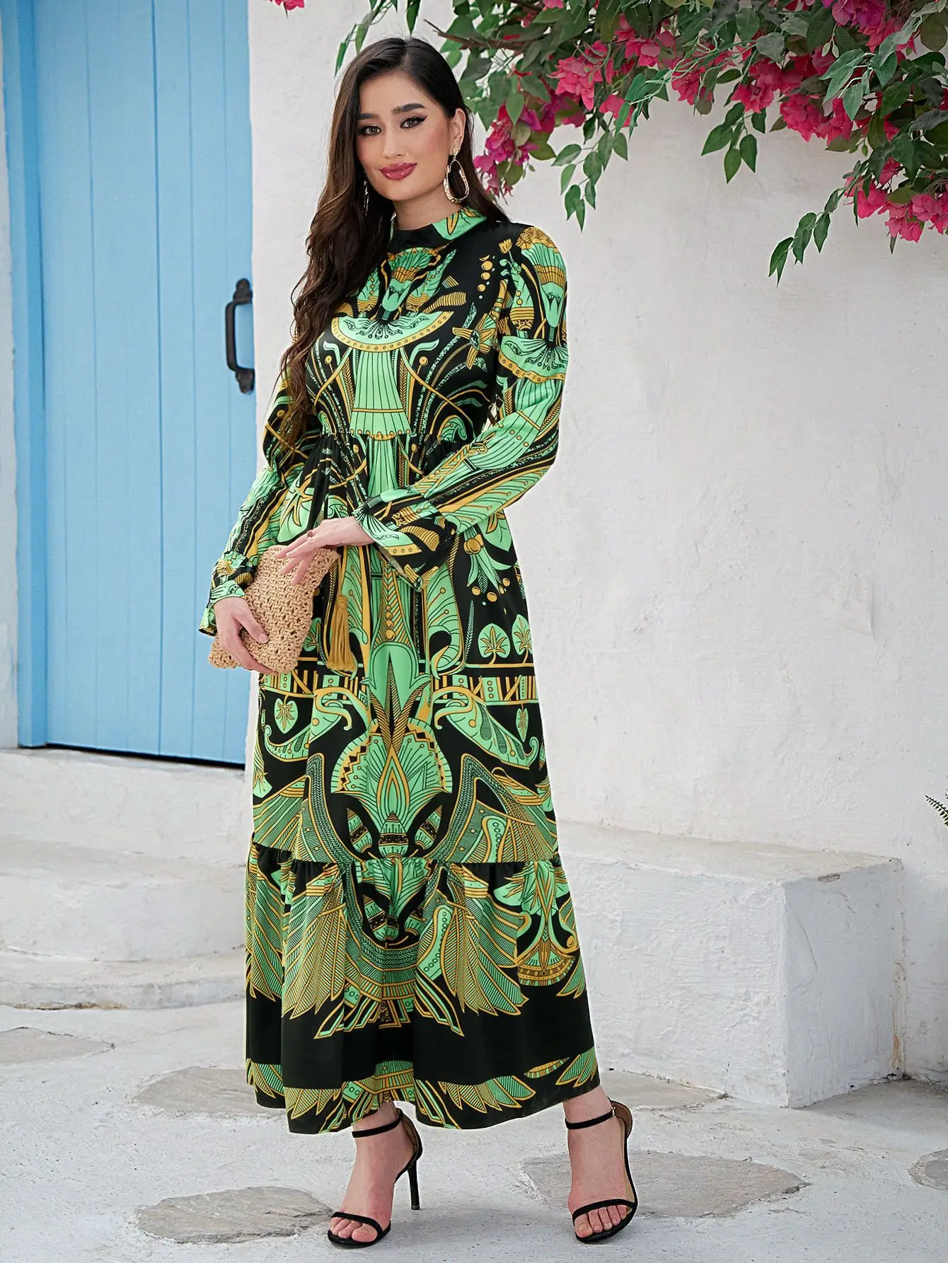 Cross-border Middle East Women's Long Dress Boutique Positioning Totem Printing Horn Sleeve Big Pendulum Dress Cw81234