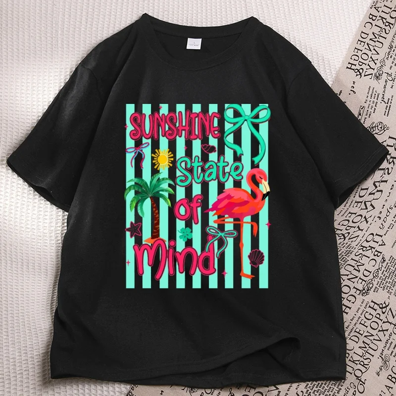 Sunshine State of Mind T-Shirt Summer Vibes Tshirt Flamingo Sunshine Tee Casual Short Sleeve Lover Clothes Cotton Woman Tee