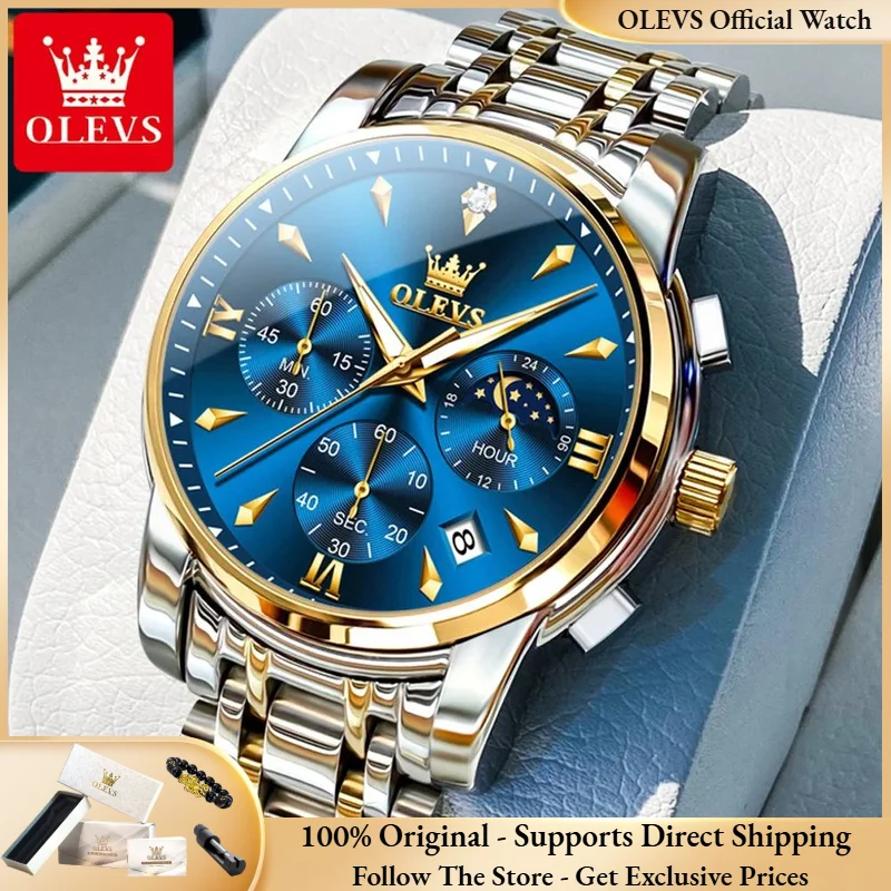 OLEVS 3639 Moon Phase Men Watch Original Luxury Quartz Watch Men Stainless Steel Waterproof Luminous Chronograph Brand Men Watch