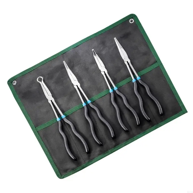 Extended Nose Plier Set Steel Build Mixed Tip Assortment Textured Handles Carry Wrap for Detail Repair Access Tasks M4YD