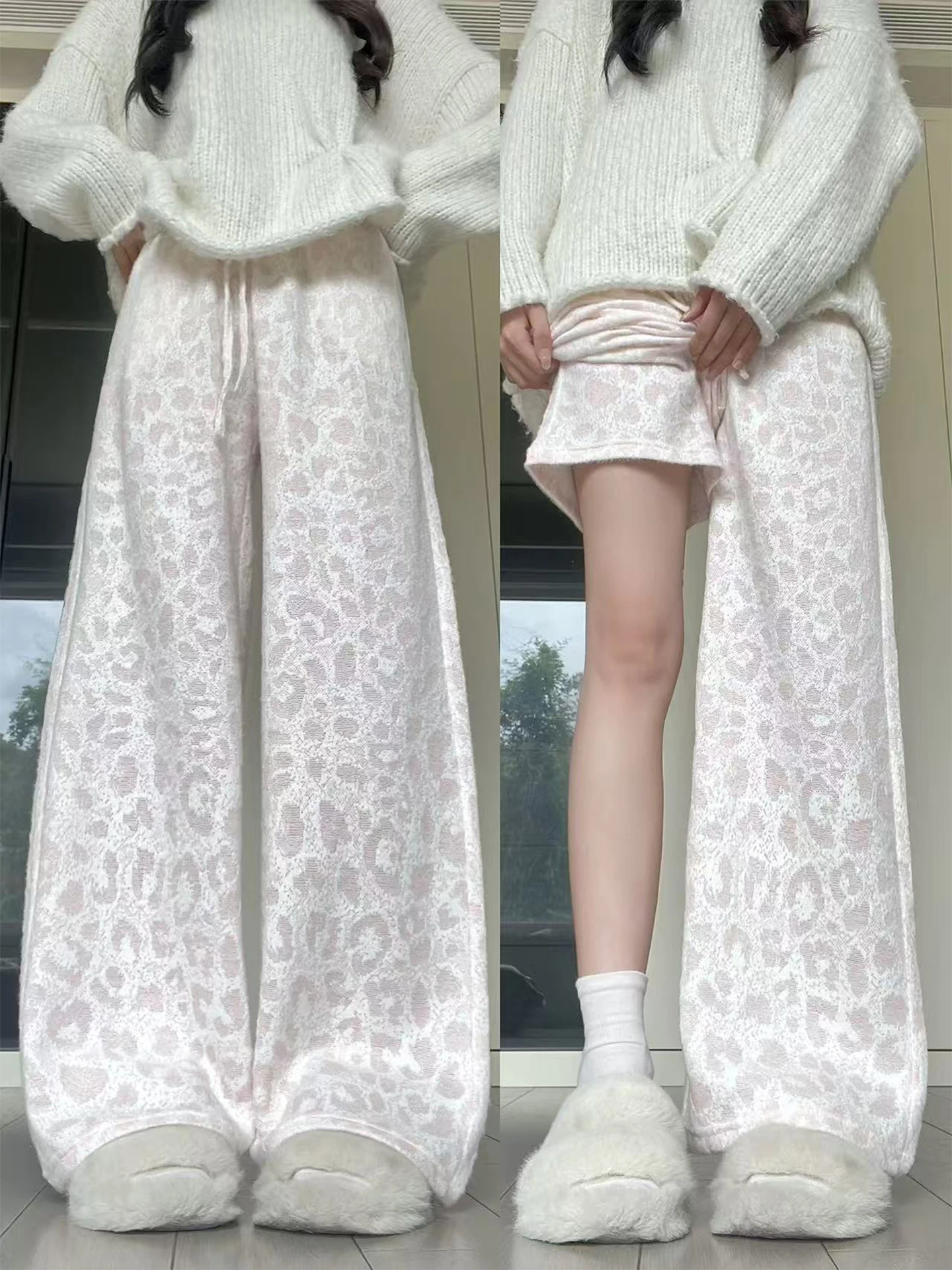 Pink Leopard Print High Waist Wide Leg Pants Women's Autumn Winter plus Size Loose Comfortable Slimming Large Size Drapey Tro...