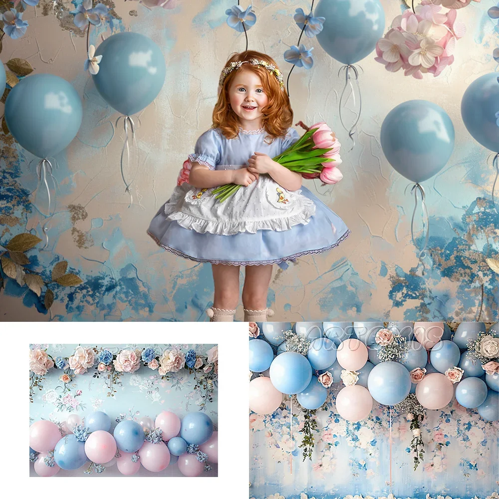 

Kids' Birthday Portrait Background Blue Floral Balloon Garland Pink Flower Pattern Baby Shower Backdrop Photography Props Studio