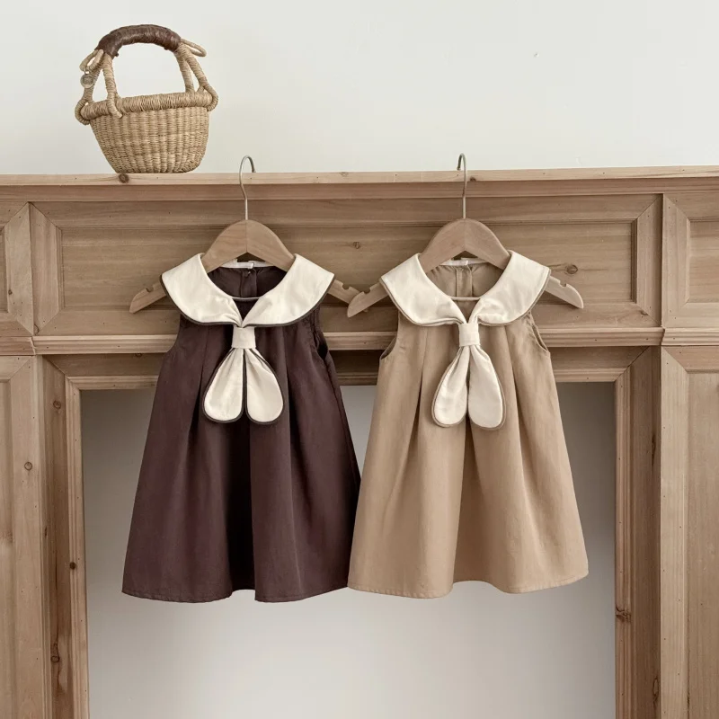 Baby girl's Korean-style super cute college-style dress, summer toddler retro turn-down collar sleeveless princess dress