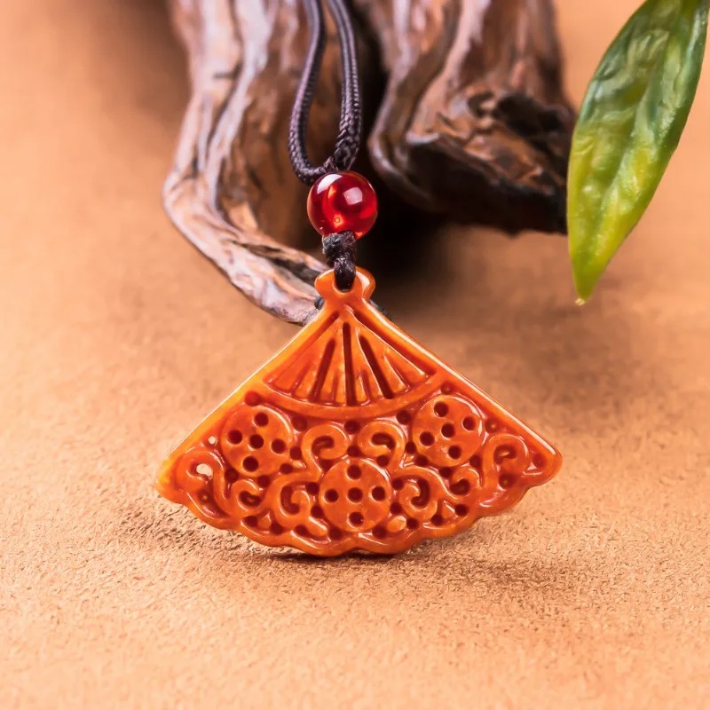 

New Natural A Emerald Real Burn Red Jade Fan Pendant Necklace Exquisite Carving Hand-carved Charm Jewelry Lucky Gift Women Men