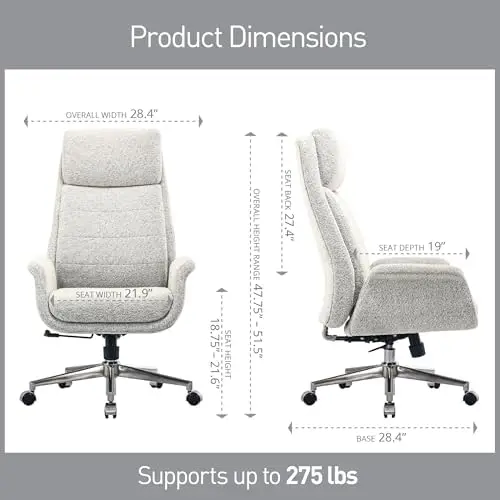 كرسي مكتب تنفيذي عالي الظهر من قماش Pizan Bouclé مريح حديث، رملي فاتح/نيكل مصقول، متوافق مع BIFMA #2
