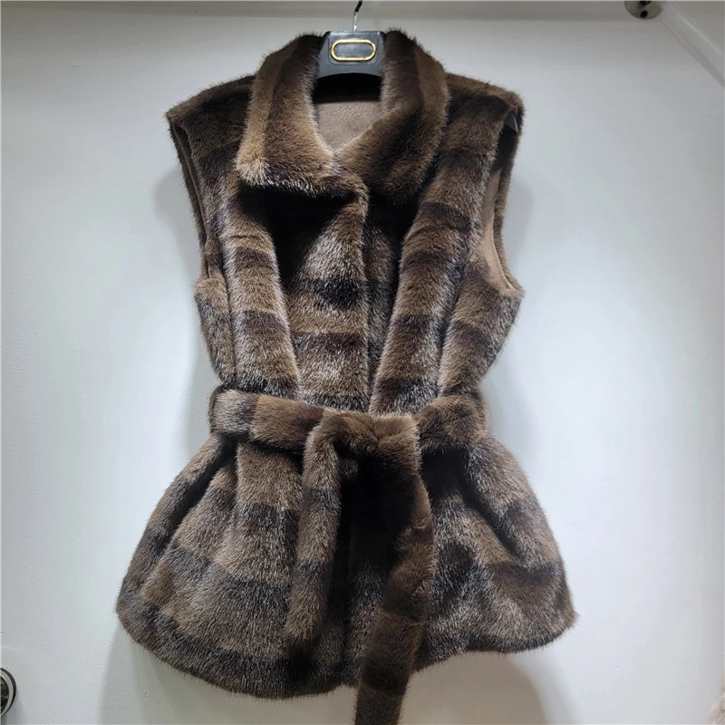 LIMO Women Striped Faux Fur Vest Belted Sleeveless Lapel Waistcoat