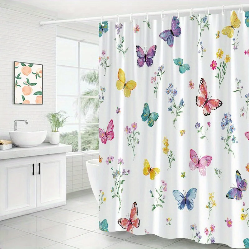 A Single Whimsical Shower Curtain Featuring a Butterfly And Floral Design, Showcasing Vibrant Watercolor Illustrations of Butter