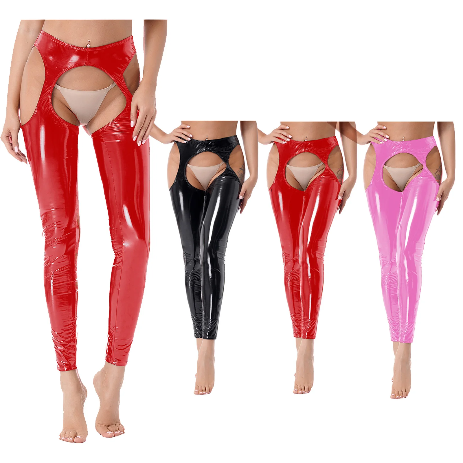 Womens Sexy Patent Leather Open Crotch Leggings High Waist Hollow Out Skinny Long Pants Nightclub Latex Tight Pants Trousers