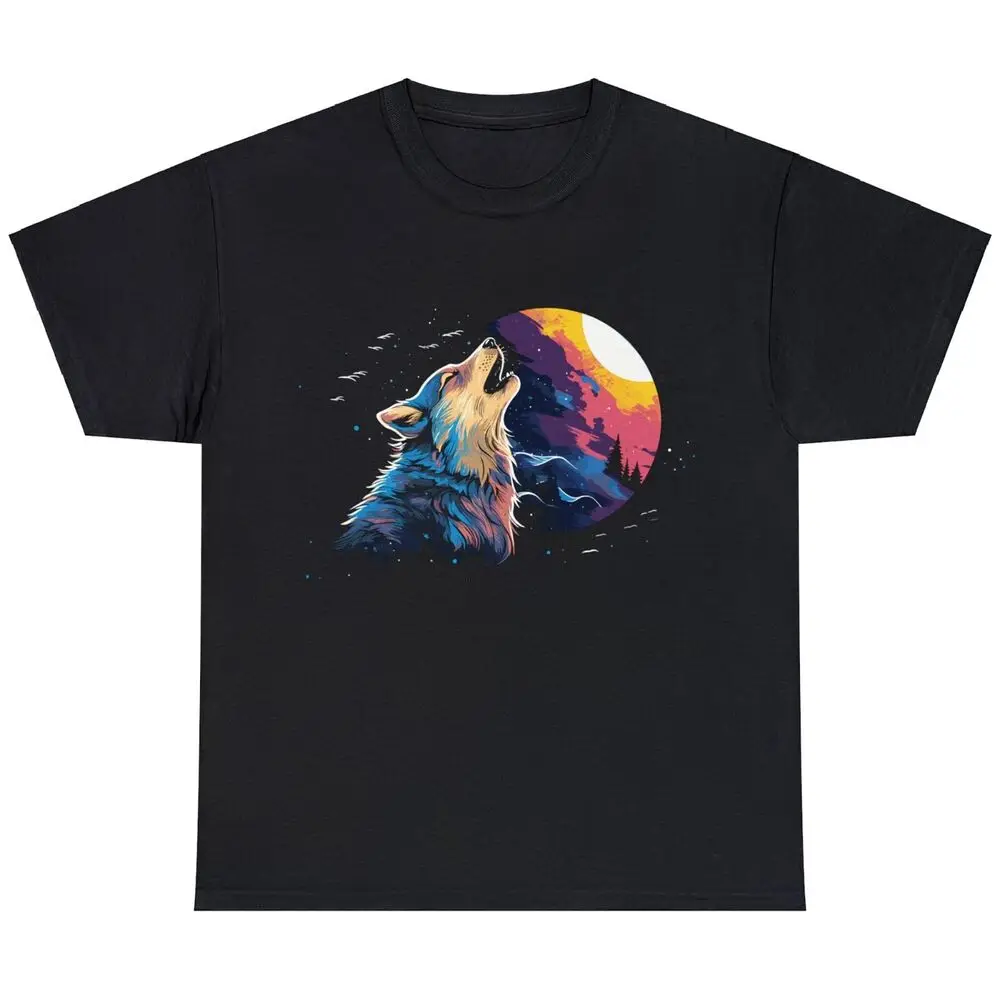 Wolf In A Multicolored Moonlit Night Unisex T Shirt  Cotton Luxury brand vintage oversized