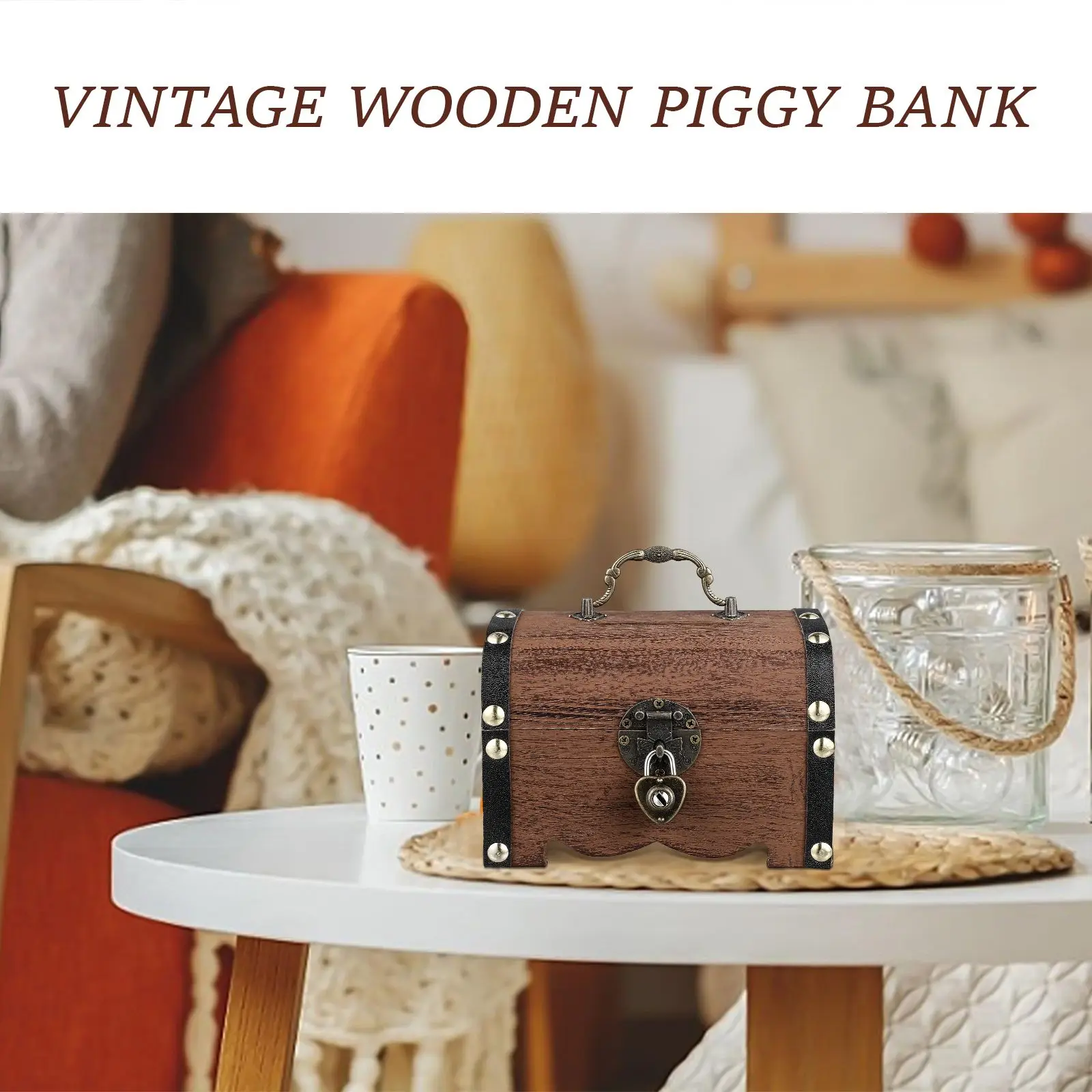 Vintage Wooden Treasure Chest Piggy Bank Coin Storage Box with Lock for Adults Baby Savings Safe Money Banks Home Office