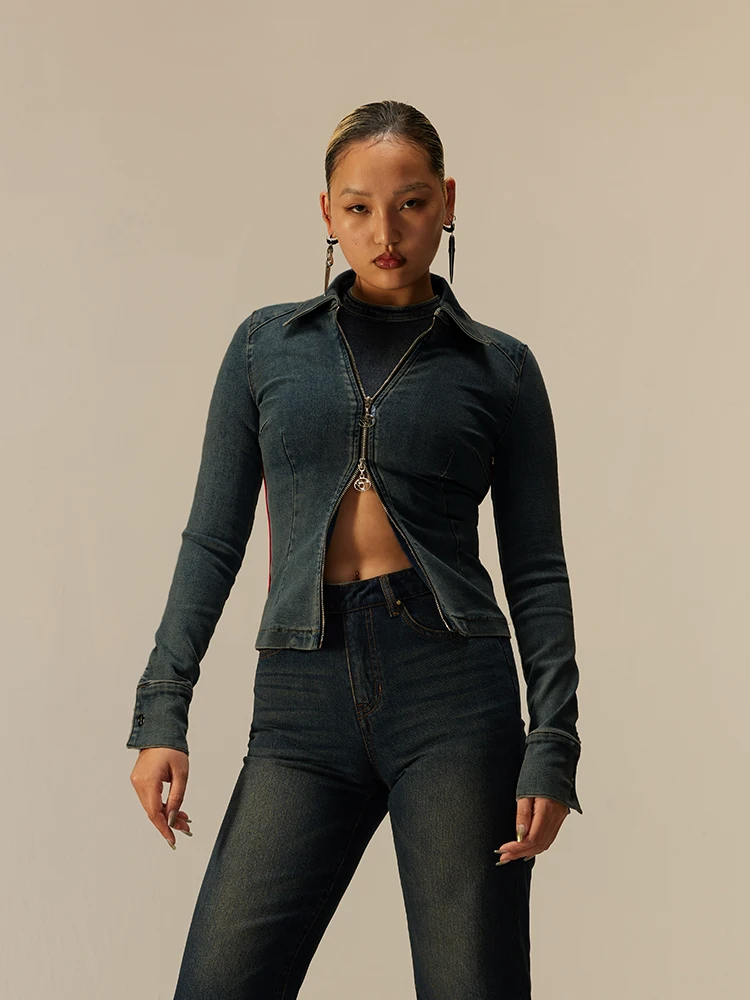 

Elastic Fitting Zipper Blue Denim ort Jaet New Arrival Fall 2023 Handpied Store Faionable Commute Sle Women's Coat