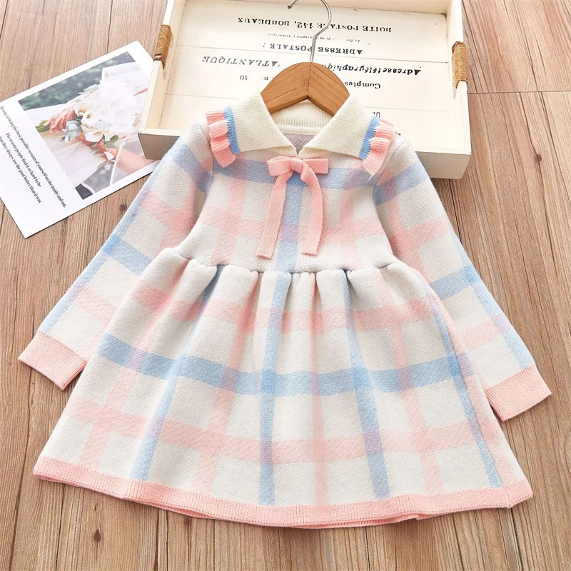 Vestido suéter de otoño/invierno para niñas de 0 a 5 años, vestido de princesa a cuadros con cuello vuelto y lazo, ropa para niños, traje para niñas pequeñas