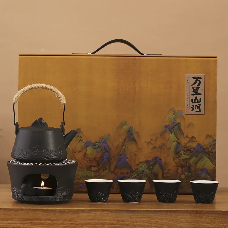 Brewing with Four Cups Teapot, Warm Device, Thousand Miles of Rivers and Mountains Cultural Creative Tea Set, Ou