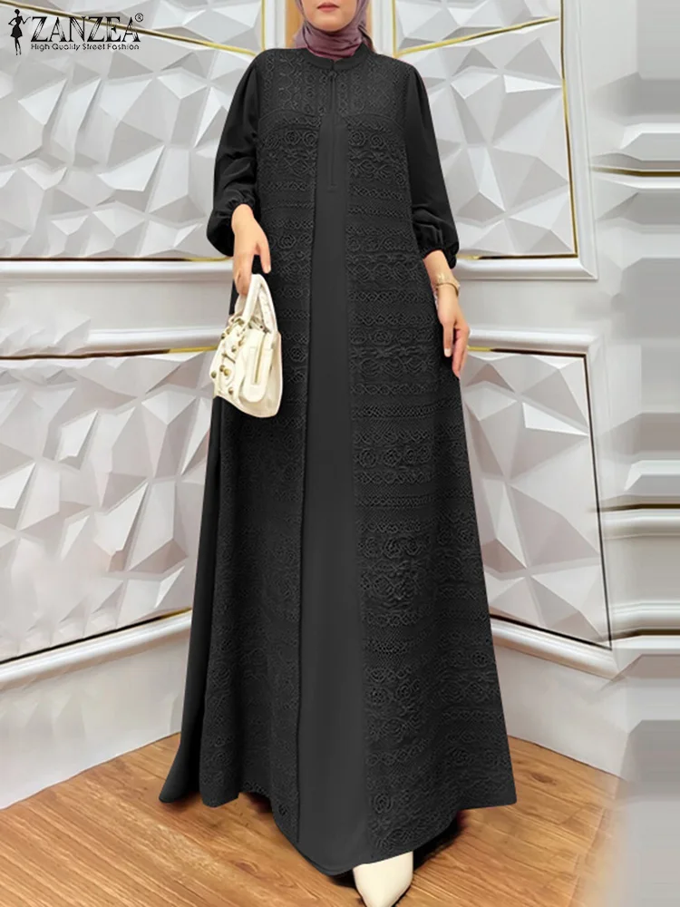 

2025 Autumn Lace Patchwork Dresses ZANZEA Fashion Muslim Abaya Robe Women Long Sleeve Sundress IsIamic Hijab Dress Eid Mubarek