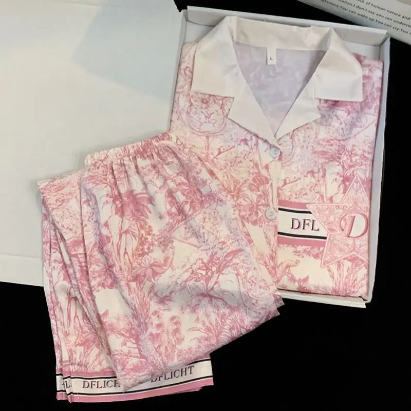 silk pajamas for women summer ice silk pijamas long sleeves long pants sleepwear comfortable loungewear two-piece set