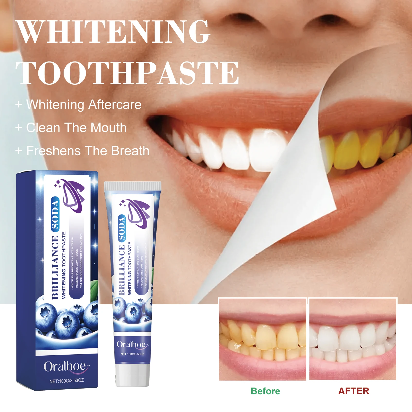 100g Blueberry Toothpaste Effectively Removes Yellow Tooth Stains Tooth Color Brightener, Freshens Breath and Removes Bad Breath