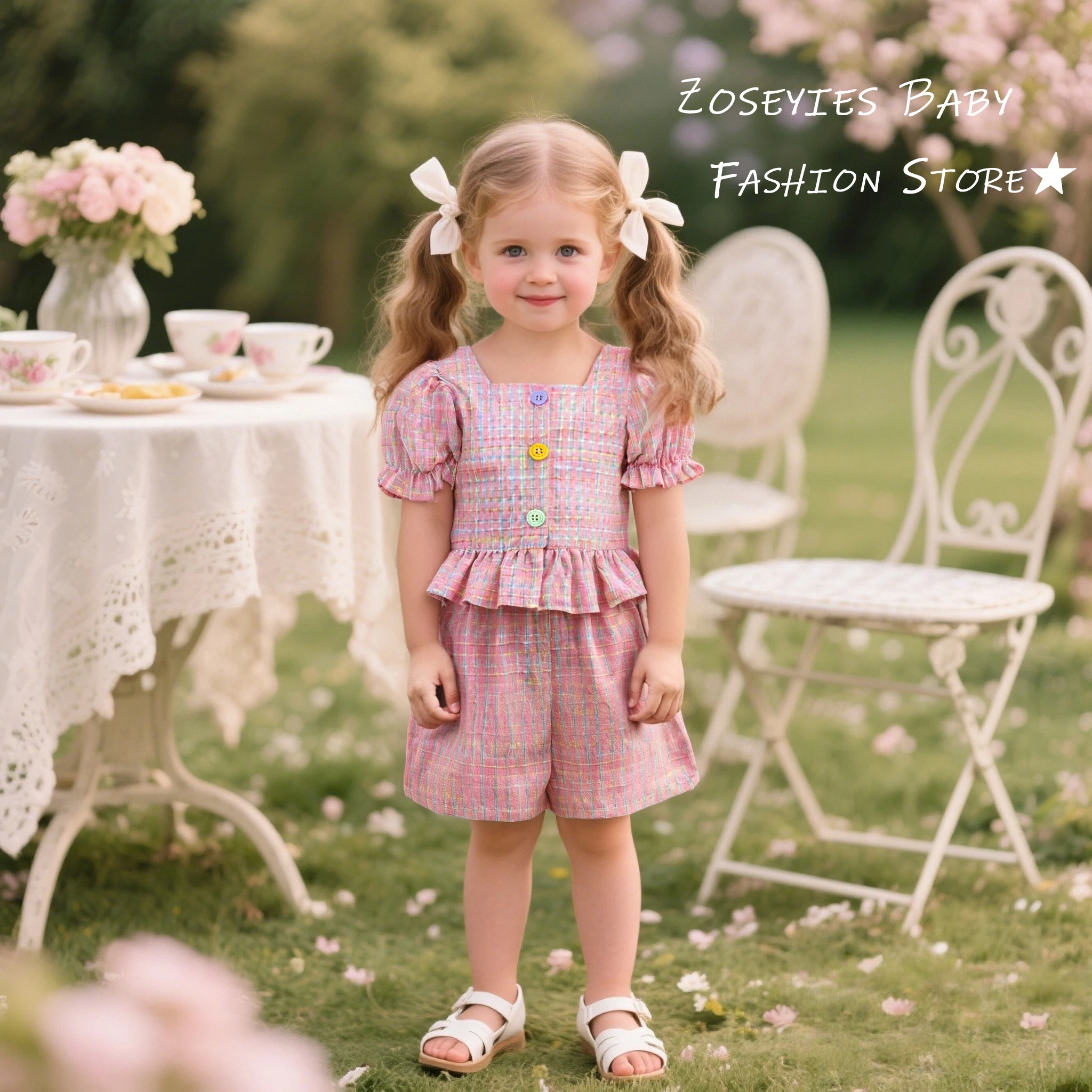 

Комплект из 2 шт./компл., комплект для маленьких девочек, летний клетчатый хлопковый топ с короткими рукавами и шорты, одежда для девочек, милый пляжный комплект для девочек, комплект детской одежды