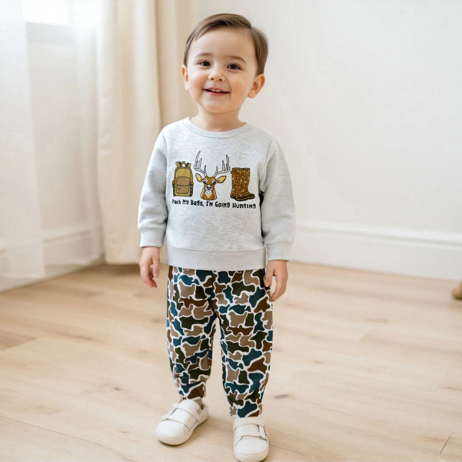 

Toddler Baby Boy Winter Fall Outfit Reindeer Letter Print Long Sleeve Sweatshirt Elastic Waist Camo Pants 2 Piece Set