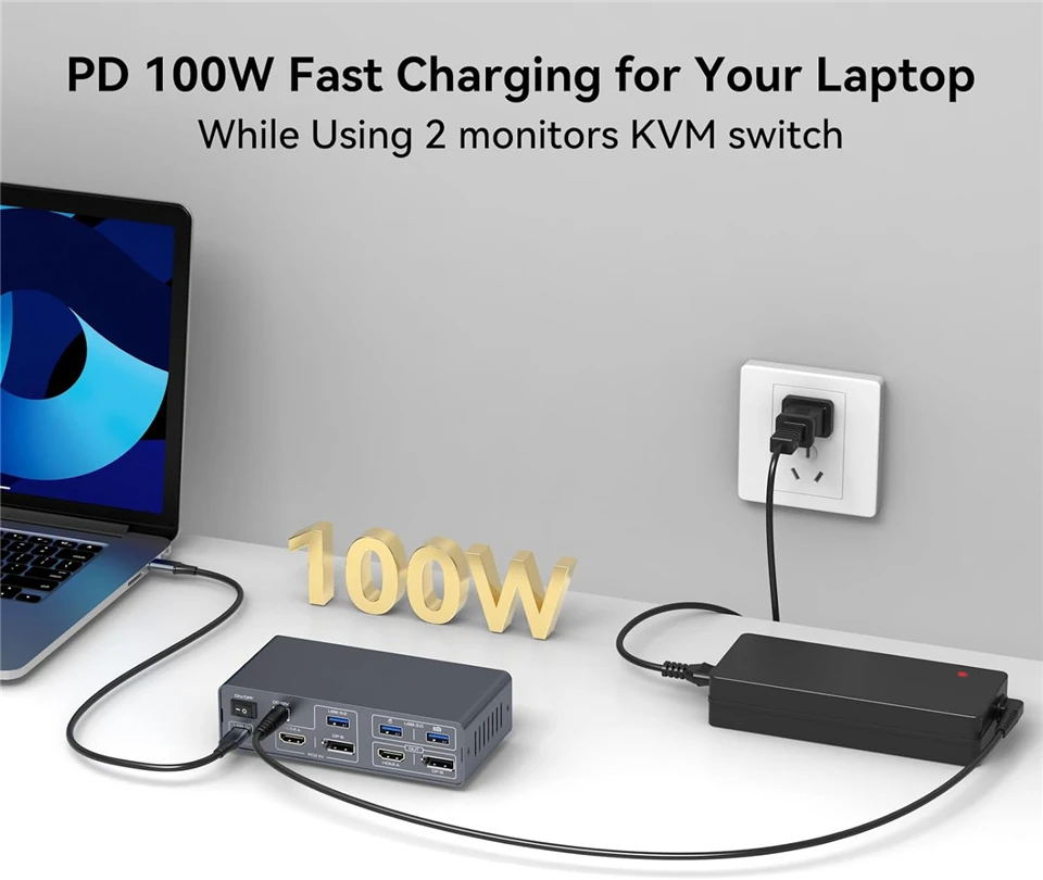 KVM Switch 2 Monitors 2 PC USB-C Docking Station with HDMI 4K@60Hz & DP 4K@120Hz