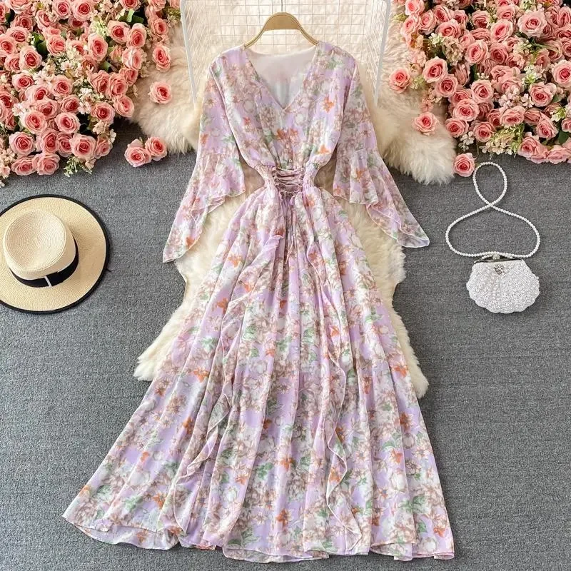 2024 Summer Women Long Dresses V-neck Bohemian Casual High Waist Beach Woman Chiffon Dresses Floral Vestidoes Maxi Dress