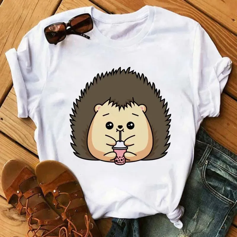 Bubble Tea Printed T-shirt with Cartoon Hedgehog Pattern - Casual Short-sleeved Top - Suitable for Women - An Interesting Gift