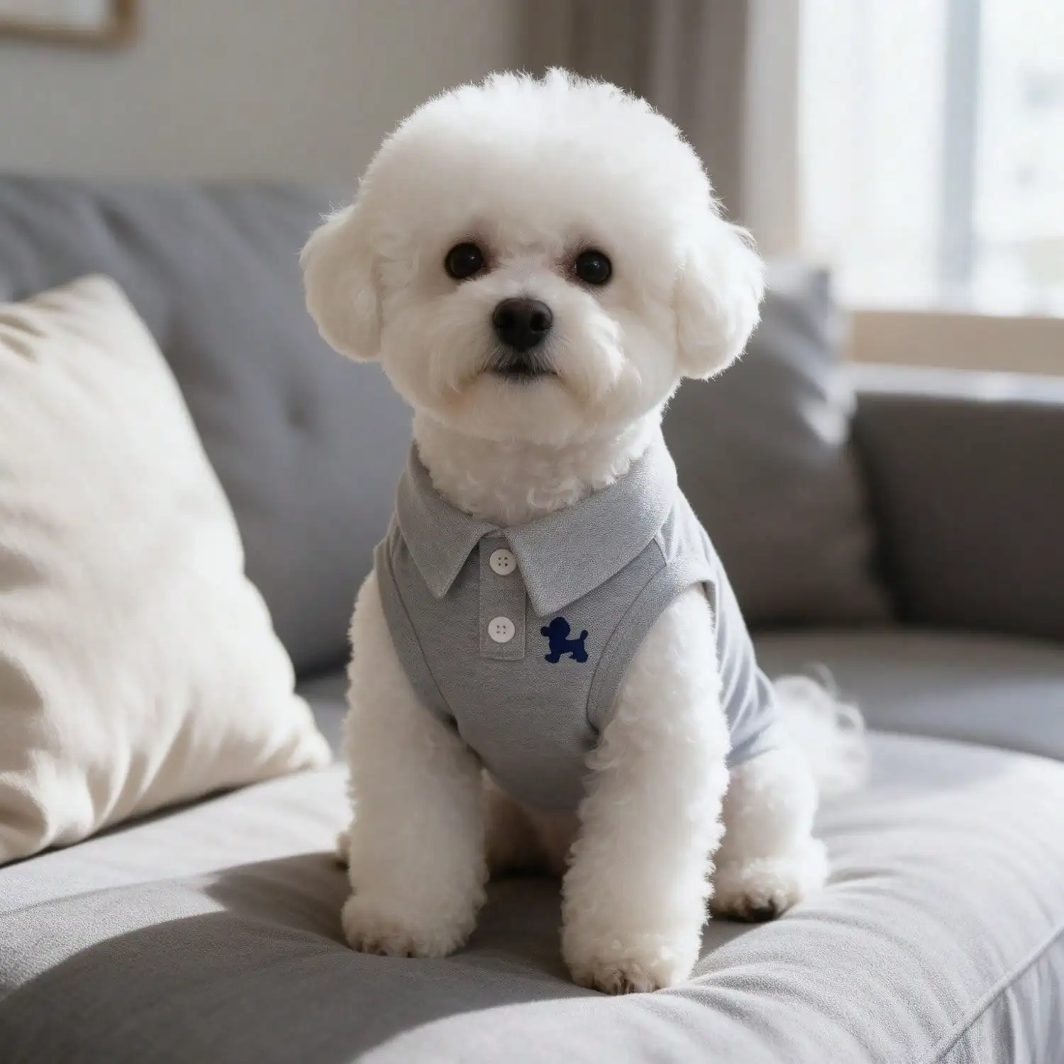 1 Stück graue, ärmellose Polo-Weste für Haustiere, besticktes Hundeshirt für kleine Welpen. – Detail 4