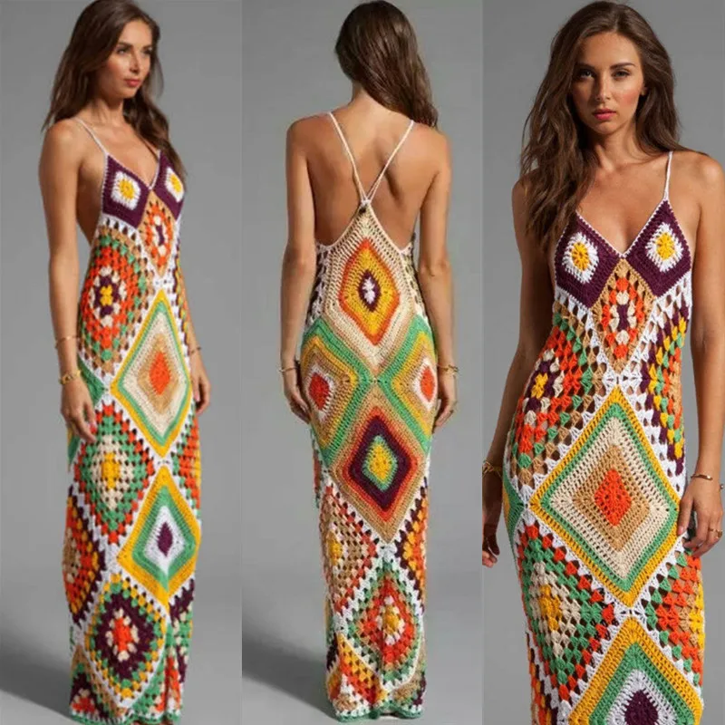 Handmade Crochet Beach Wedding Dress Intercolor Stitching Lady Dress