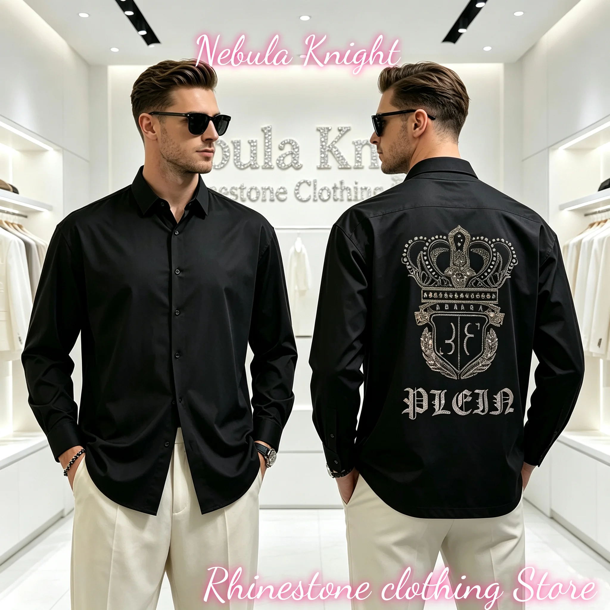 Men's Luxury Rhinestone Skull Pattern Slim Fit Long Sleeve Shirt Casual Black Button down Dress Top for Daily High Street Style
