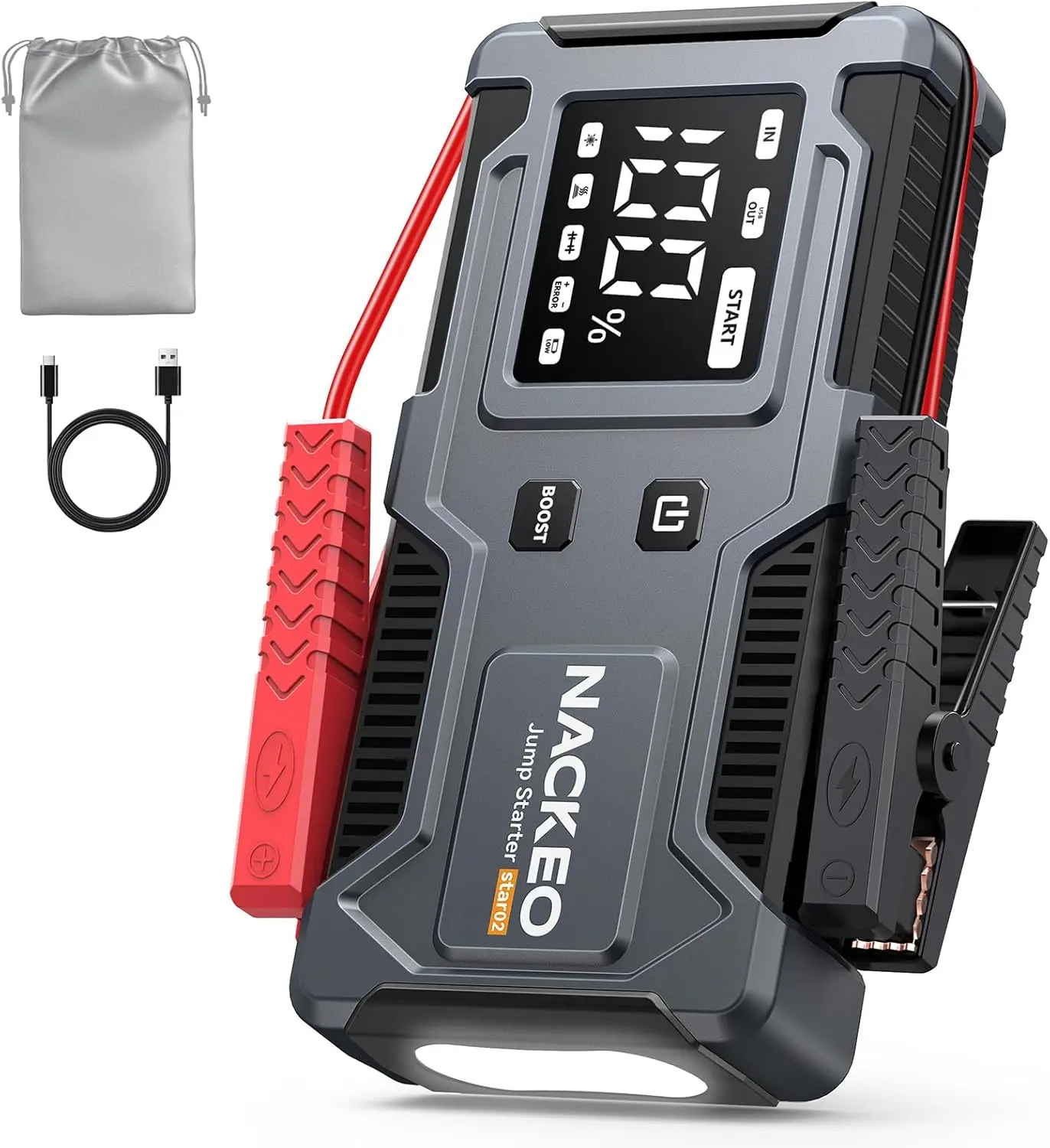 

6000A 12V Car Battery Jump Starter with Smart Cables, Portable for Gas/Diesel Engines, LCD Display & LED Light
