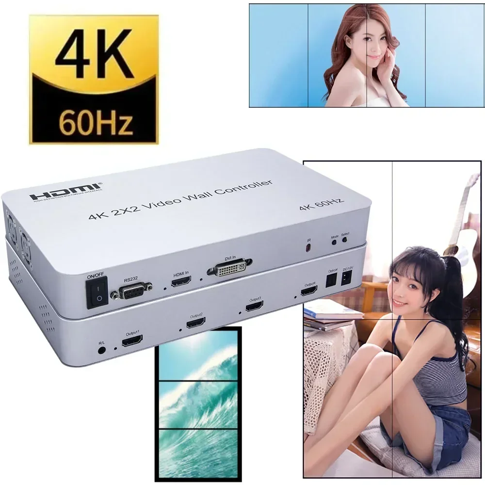 4K 60hz 2x2 DVI HDMI Video Wall Controller 1X2 1x4 3x1 Vertical Screen Splicing Processor TV Wall Splicer 90° 180° Rotate RS232