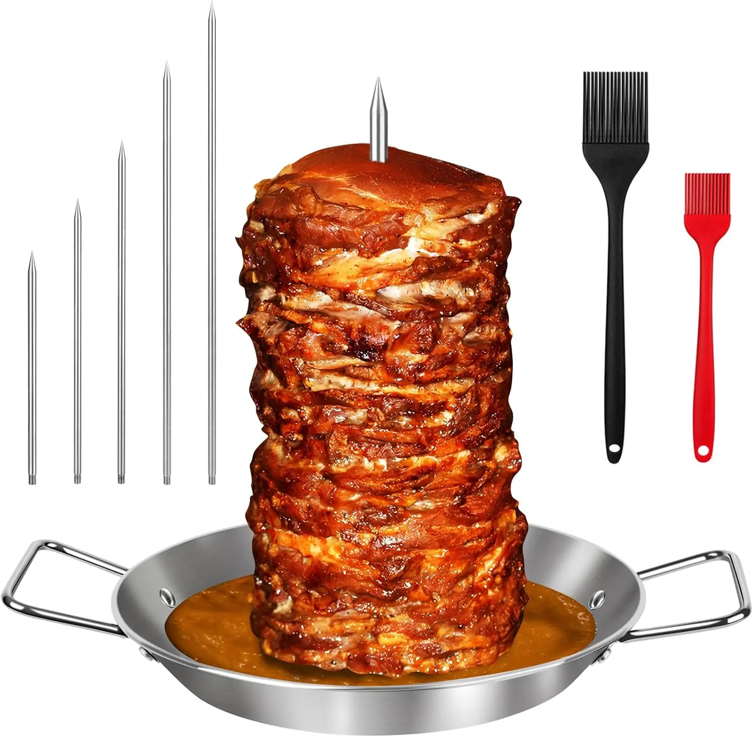 

13" Vertical Skewer Stand for Grill, 5 Spikes & 2 Brushes, Stainless Steel Al Pastor Gyro Shawarma Rotisserie