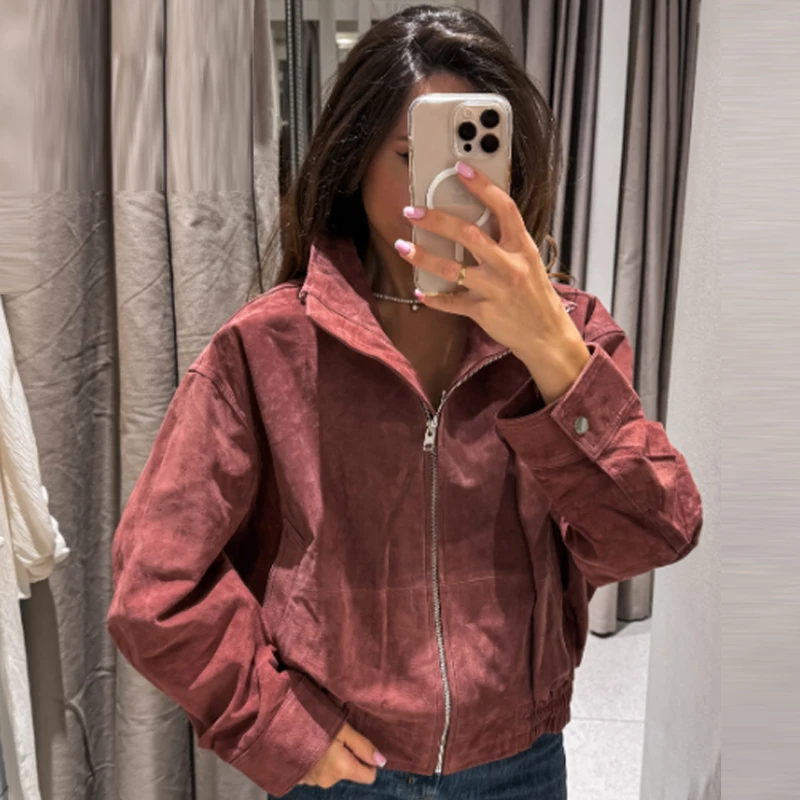 HXAO Damen-Bomberjacke aus Kunstwildleder in Burgunderrot, Herbst, lässig, Oversized, mit Reißverschluss, Stehkragen, langärmelig, schicke Oberbekleidung – Detail 9