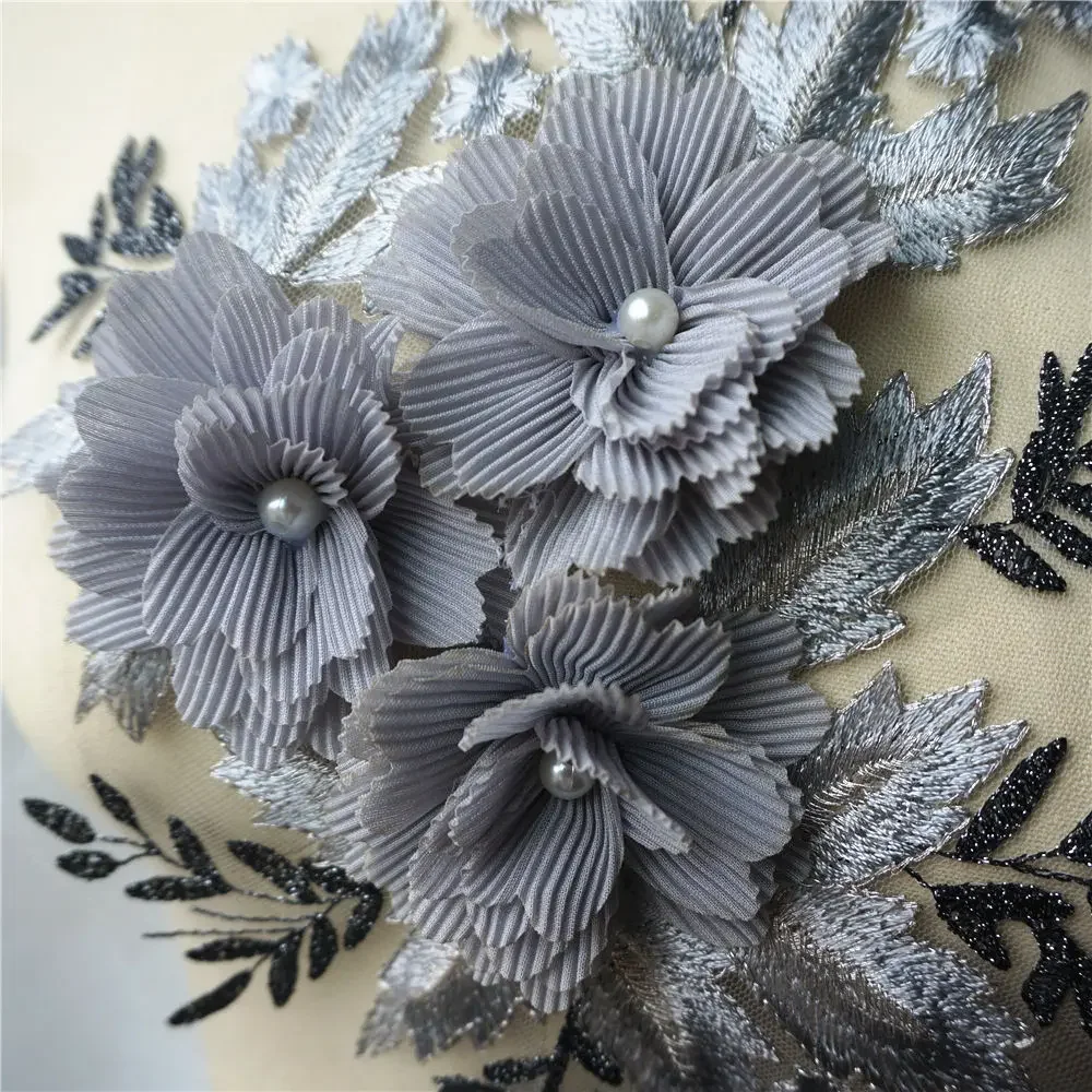 Grey Black 3D Flowers Beads Rhinestone Lace Fabric Embroidered Wedding Gown Appliques Sew Patch For Dress DIY Decoration