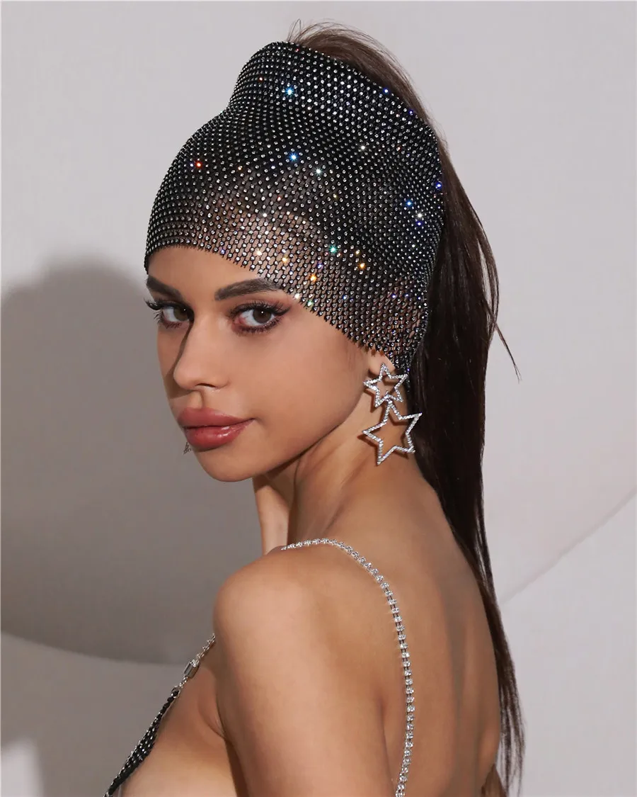 Elastic Fishnet Shiny Rhinestone Cold Hat Women Sexy Hollow Out See Through Mesh Ear Protection Hat Party Decorative Accessories