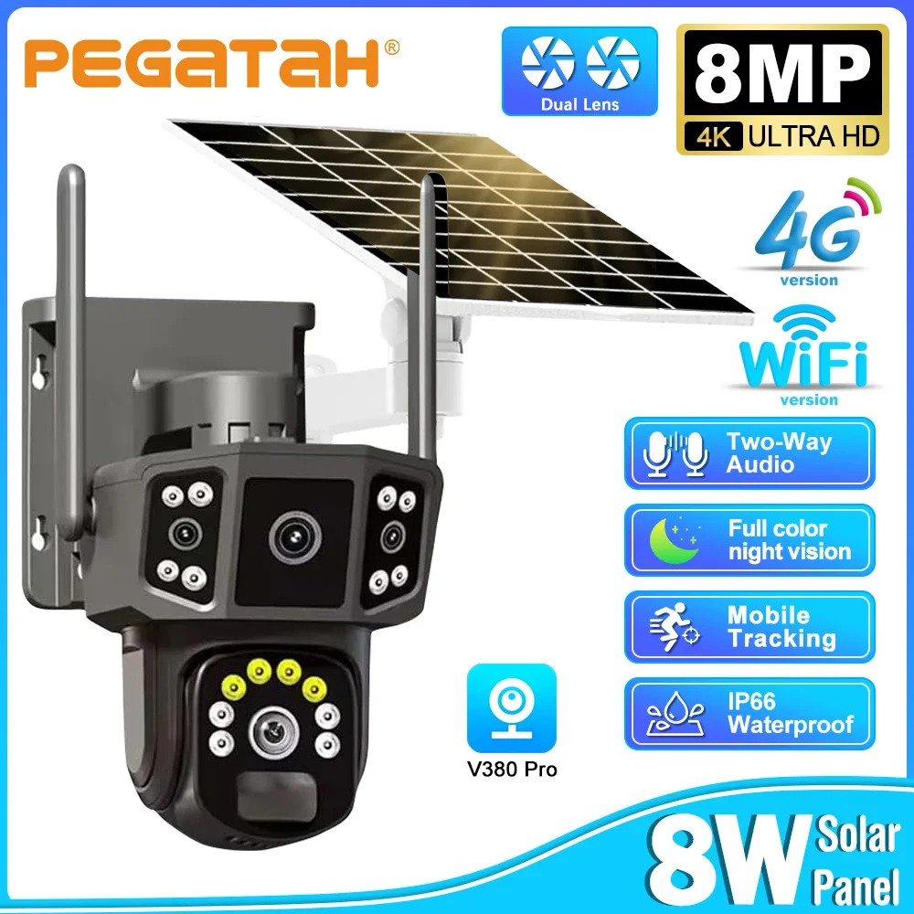 

V380 4K Dual Lens 4G SIM Solar Camera 8MP HD Auto Tracking Outdoor Security Wireless WIFI Solar CCTV IP Cameras