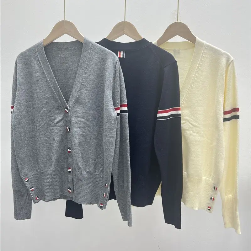 Women Casual Cardigan, Spring  Stripe  Knit  Sweater ,Preppy  Jackets , Grey Color  , Long-sleeved Loose Jumpers, Y2k traf