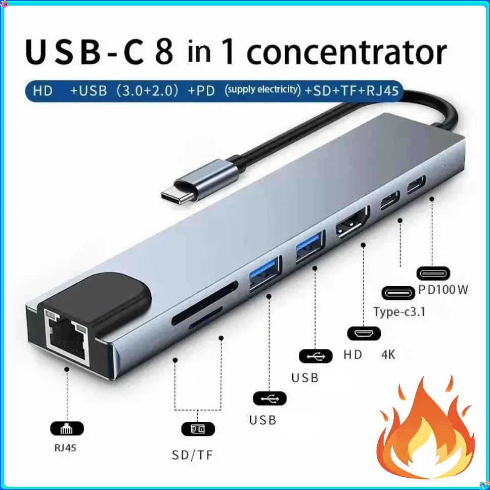 USB 8 In 1 Type C 3 1 To 4K HDTV Hub Adapter With Sd Tf Rj45 Card Reader Pd Fast Charge For Macbook Notebook Computer