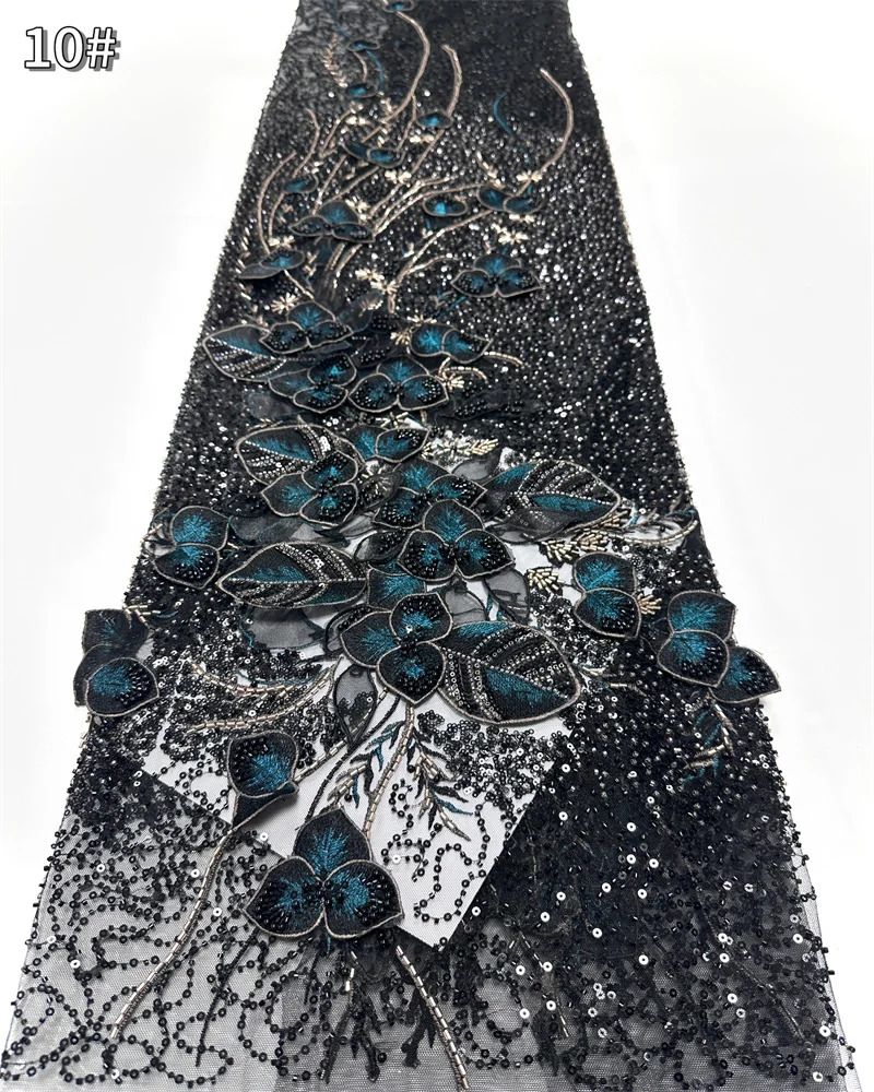 High Quality African 3D Flower Mesh Sequins Embroidery Beaded Tulle Nigerian Lace Fabrics For Bridal Material Wedding sewing