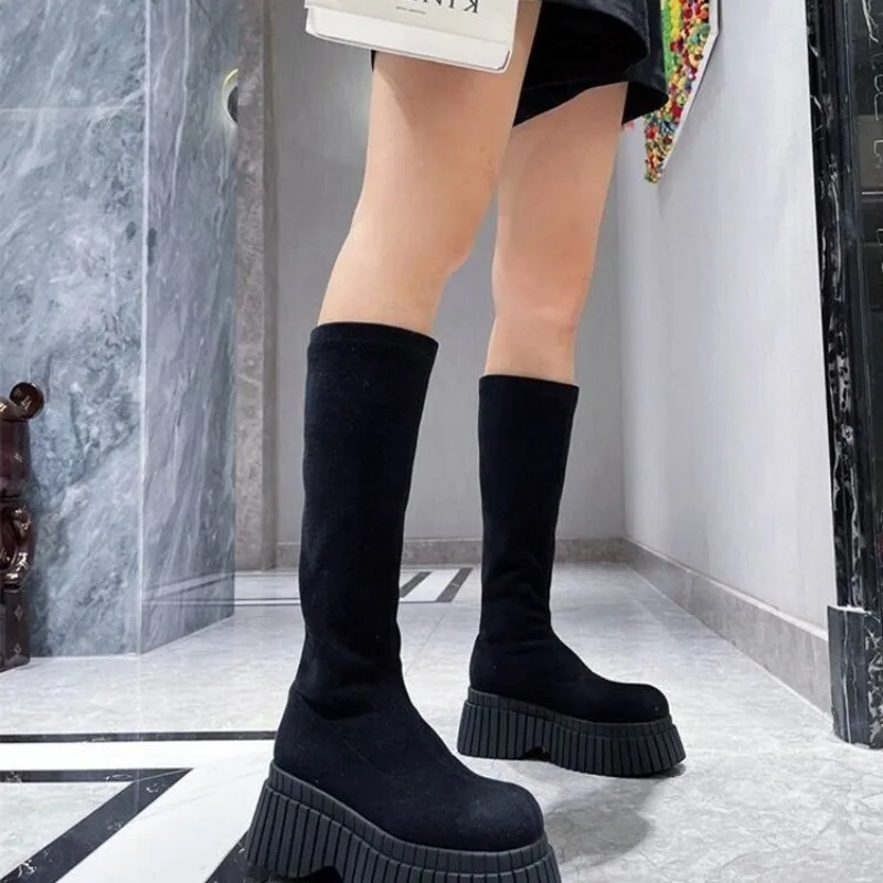 Pink Ladies Elastic Boots New Shoes Slip on Fashion Women Sock with Wedges Shoes Footwear Platform Botines Mujer Ankle Boots