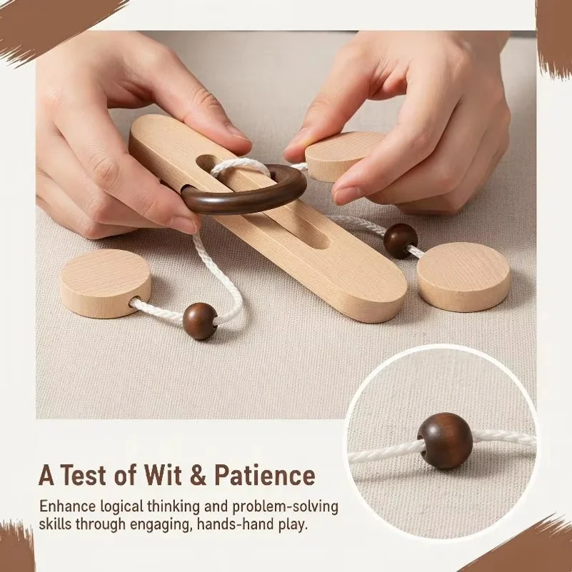 Wooden Ring Unlocking Puzzle Toy, Magic Ring Escape Classic Kongming Luban Lock Brain Teaser Desk Novelty Gift for Adults
