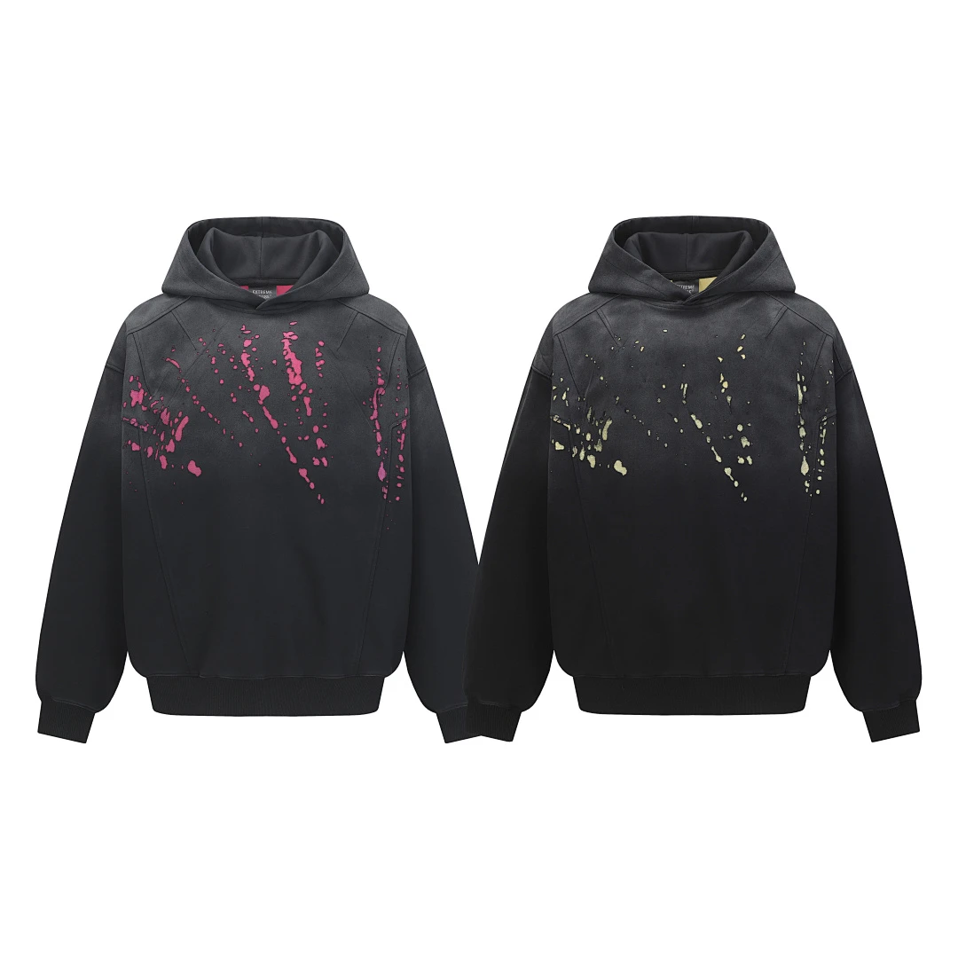 Vintage Gradient Washed Hoodie Splash Ink Print Deconstructed Seam Loose Pullover For Men Women