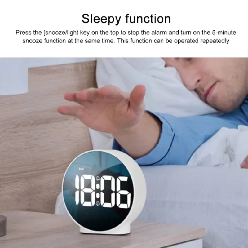 LED Digital Display Mirror Round Dual-purpose Alarm Clock 12/24 Hour Conversion Home Room Use