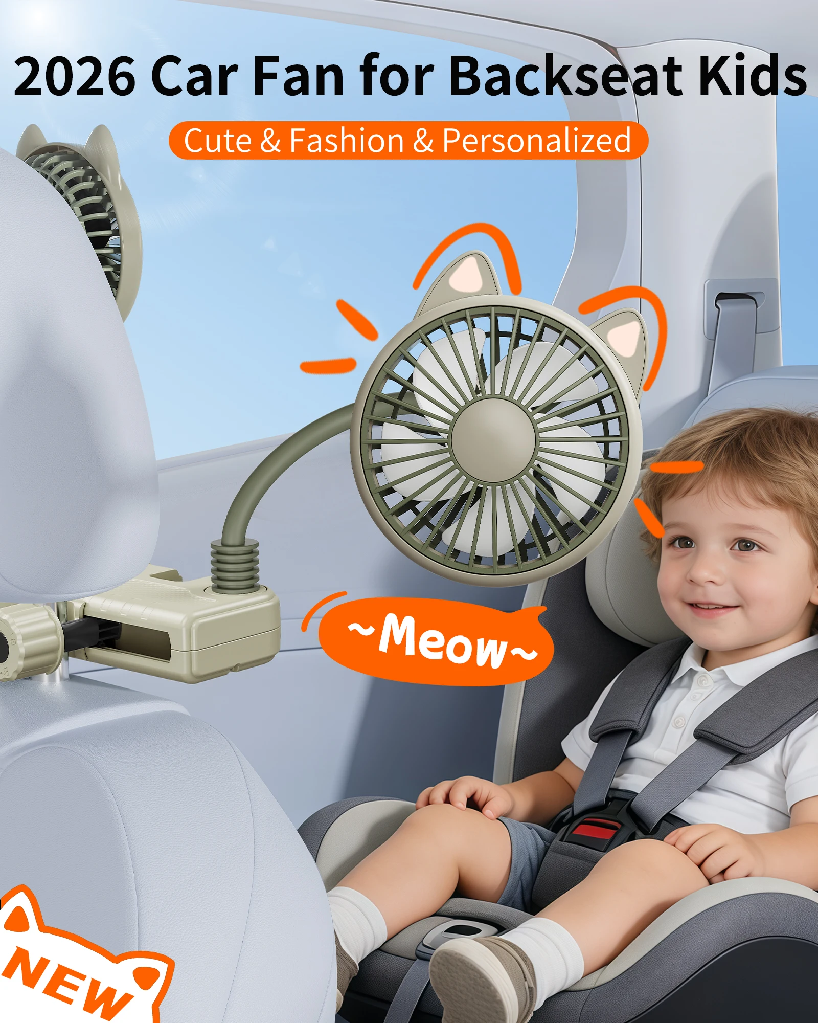 Eary USB Car Cooling Fan for Backseat 5V/2A Powerful Electric Fan Flexible Hose Arm for Kid Rear Seat Headrest Portable Auto Fan