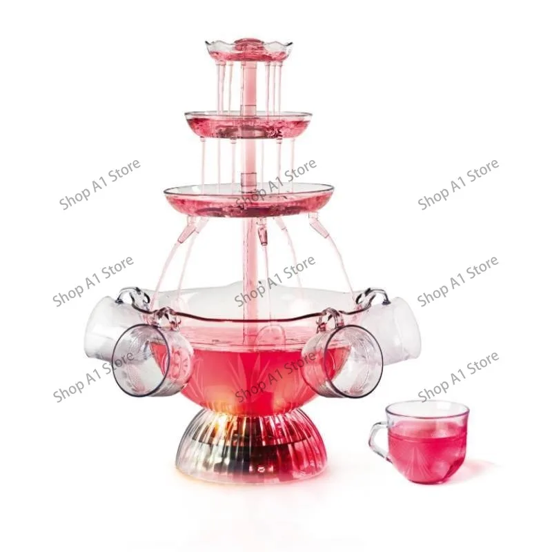 5 glasses, red wine, fountain, can be used for parties and receptions