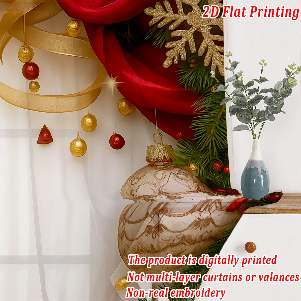 Cortina transparente con estampado plano de Navidad con bola navideña, cinta de copo de nieve, baya para decoración de sala de estar y dormitorio, fiesta navideña