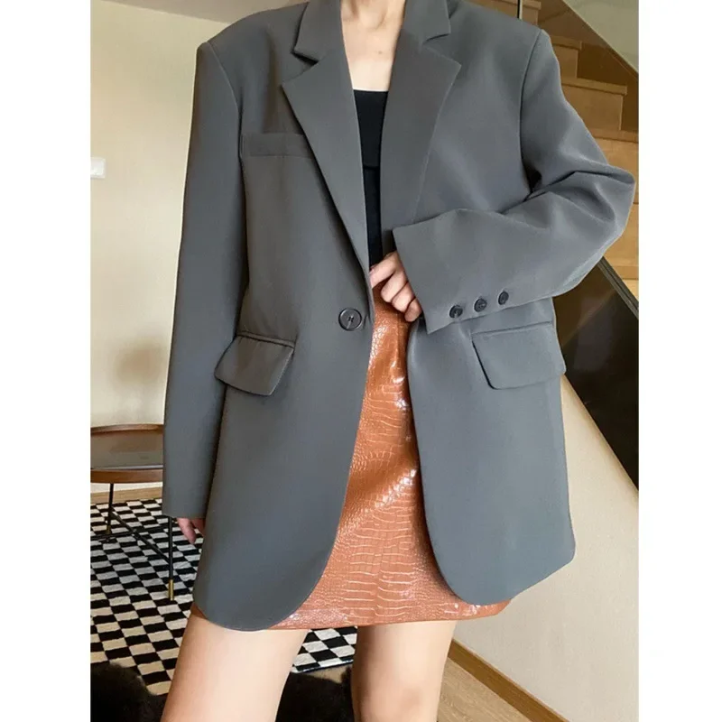 Office Ladies Black Blazer Jacket for Women Turn Down Collar Single Button Korean Vintage Slim Outerwear Stylish Tops