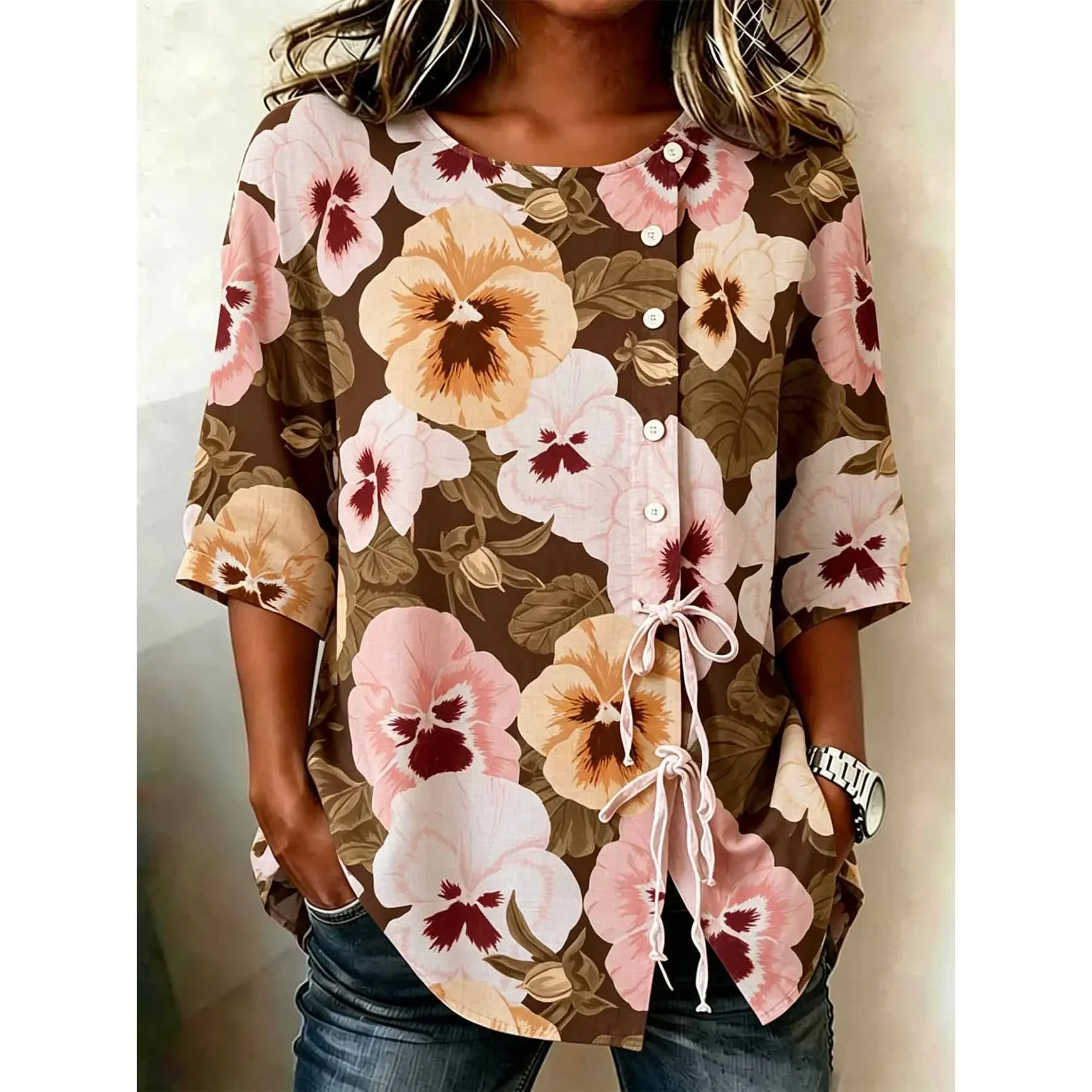 

Boho Pansy Floral Print Button Front Blouse Side Tie Half Sleeve Vintage Summer Shirt for Women