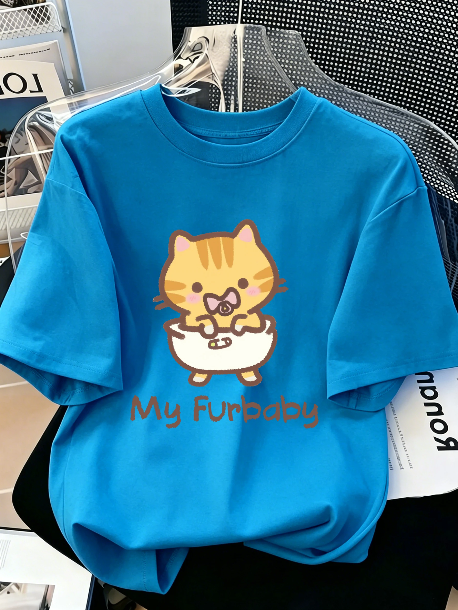 My Furbaby Simple T-Shirts für Herren mit süßem Katzen-Print, Baumwolle, Rundhalsausschnitt, kurze Ärmel, trendige Sommer-Streetwear, lockere All-Match-Kleidung